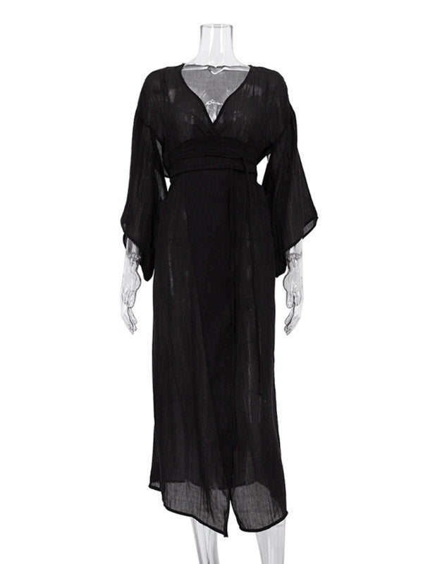 See-Through Solid Color Split-Side Tied Waist Loose Three-Quarter Sleeves V-Neck Midi Dresses