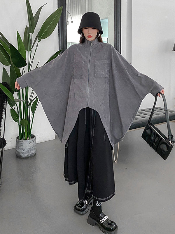 Casual Batwing Sleeves Loose Drawstring Zipper Stand Collar Jackets&Coats