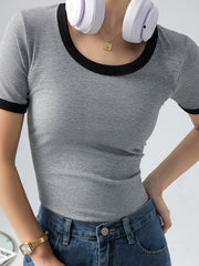 Contrast Color Short Sleeves Skinny Round-Neck T-Shirts