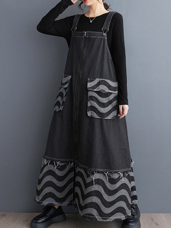 Split-Joint Striped Zipper A-Line Loose Adjustable Straps Midi Dresses