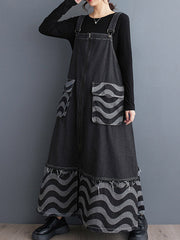 Split-Joint Striped Zipper A-Line Loose Adjustable Straps Midi Dresses