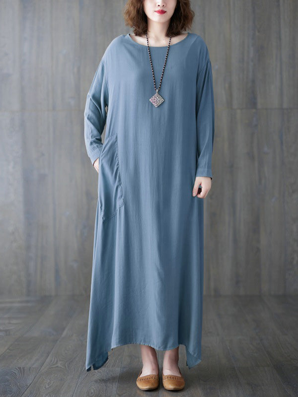 Casual Long Sleeves Loose Solid Color Round-Neck Maxi Dresses