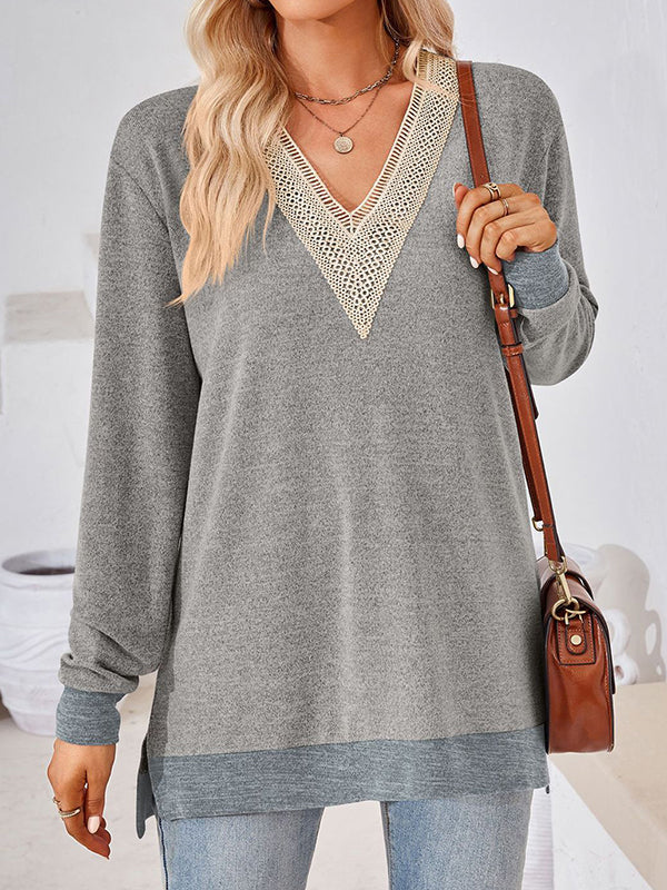 Hollow Split-Joint Split-Side Long Sleeves Loose V-Neck T-Shirts Tops