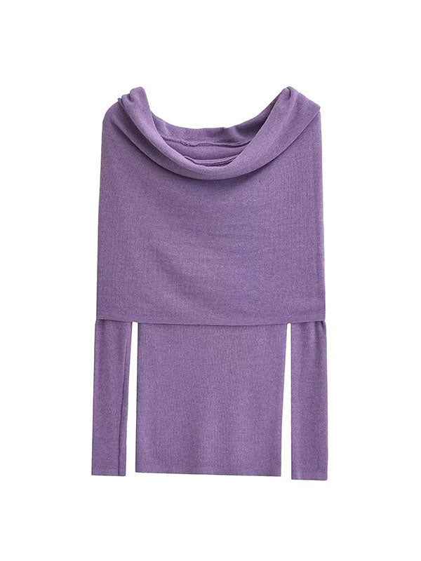 Pleated Solid Color Split-Joint Long Sleeves Skinny Off-the-shoulder Pullovers Knitwear