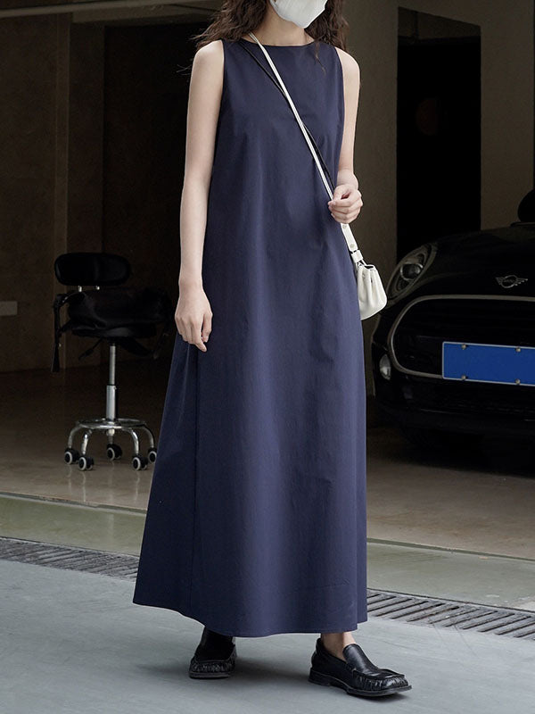 Solid Color Loose Sleeveless Round-Neck Midi Dresses