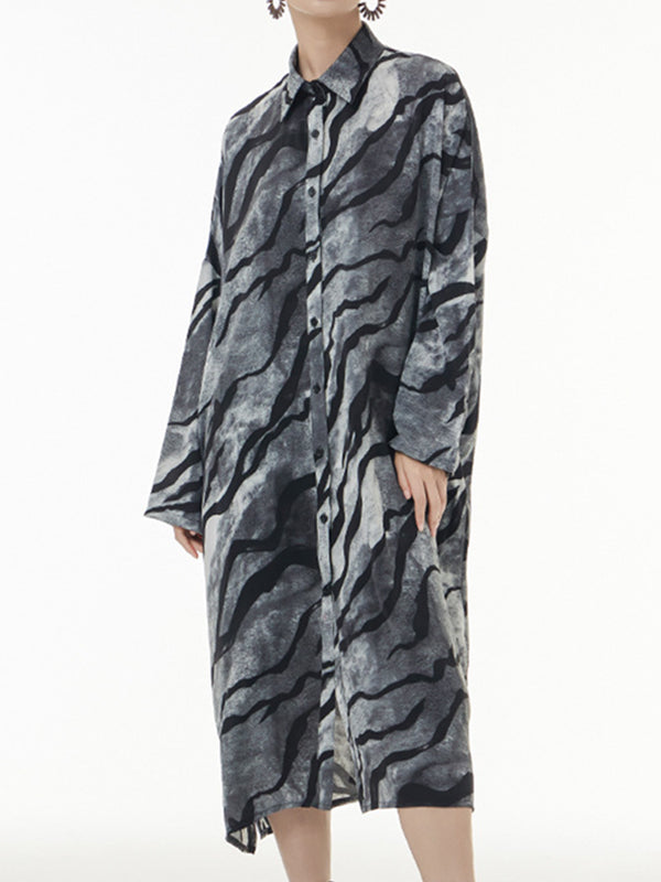 Original Creation Long Sleeves Buttoned Printed Lapel Midi Dresses