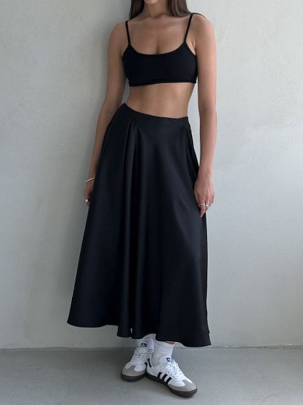 Elasticity Pleated Solid Color A-line High Waisted Skirts