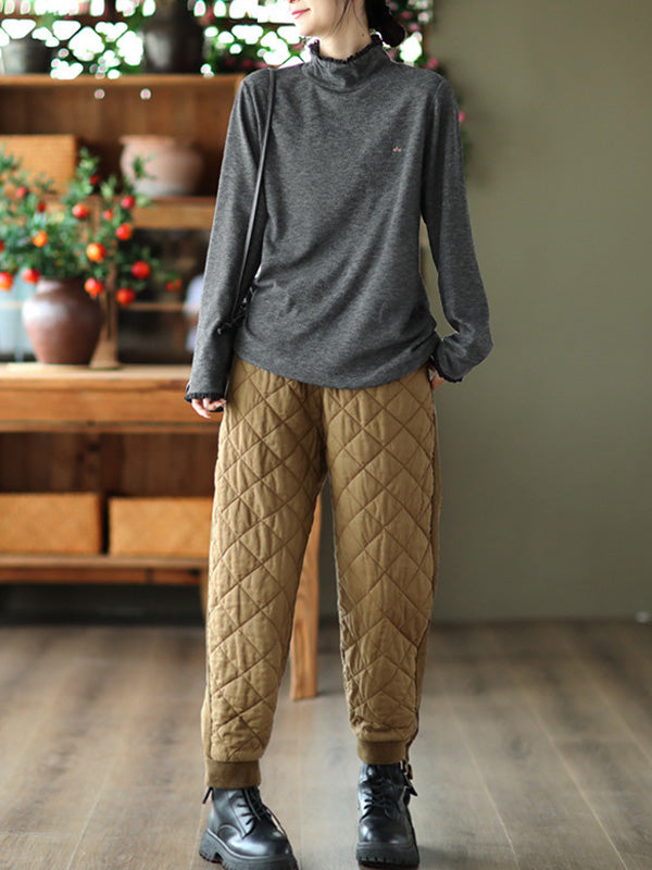 Simple Loose Long Sleeves Embroidered Falbala Solid Color High-Neck T-Shirts Tops