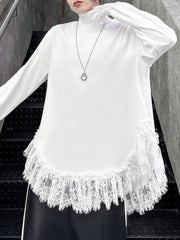 Solid Color Split-Joint Long Sleeves Loose High Neck T-Shirts Tops