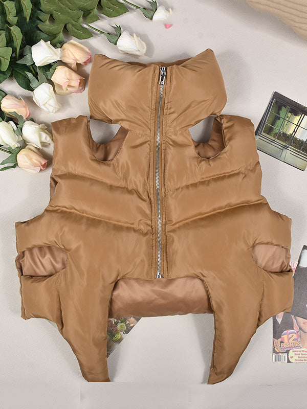 Hollow Solid Color Zipper Loose Sleeveless Stand Collar Padded Vest