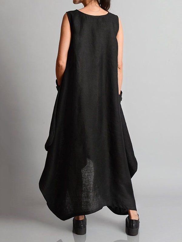 Irregular Clipping Sleeveless Solid Color Round-Neck Maxi Dresses