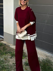 Buttoned Split-Side High-Low Long Sleeves Round-Neck Sweater Tops Pullovers