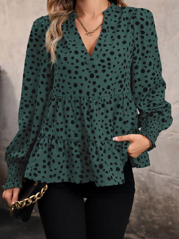 Elasticity Polka-Dot Split-Joint Long Sleeves Loose V-Neck Blouses&Shirts Tops