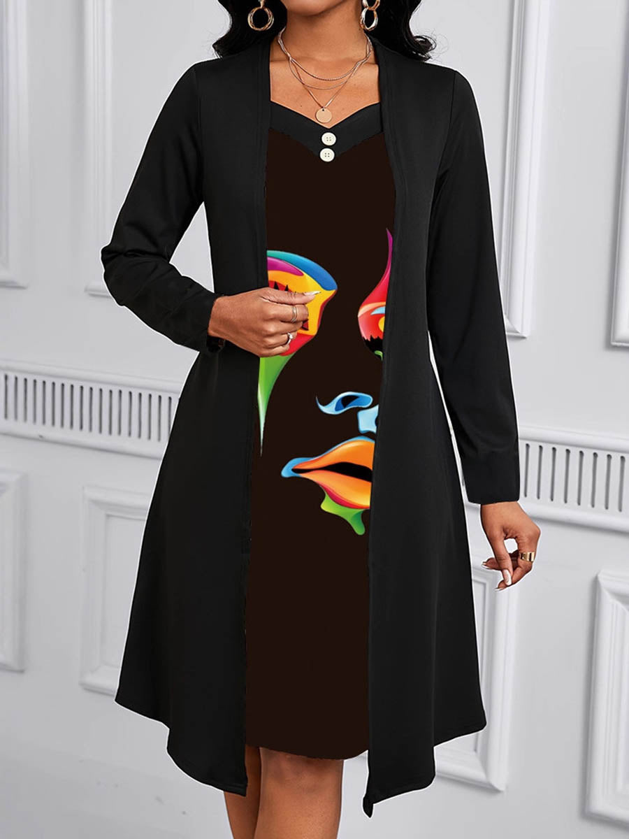 Buttoned Contrast Color Human Pattern Print Split-Joint A-Line False Two Square-Neck Midi Dresses