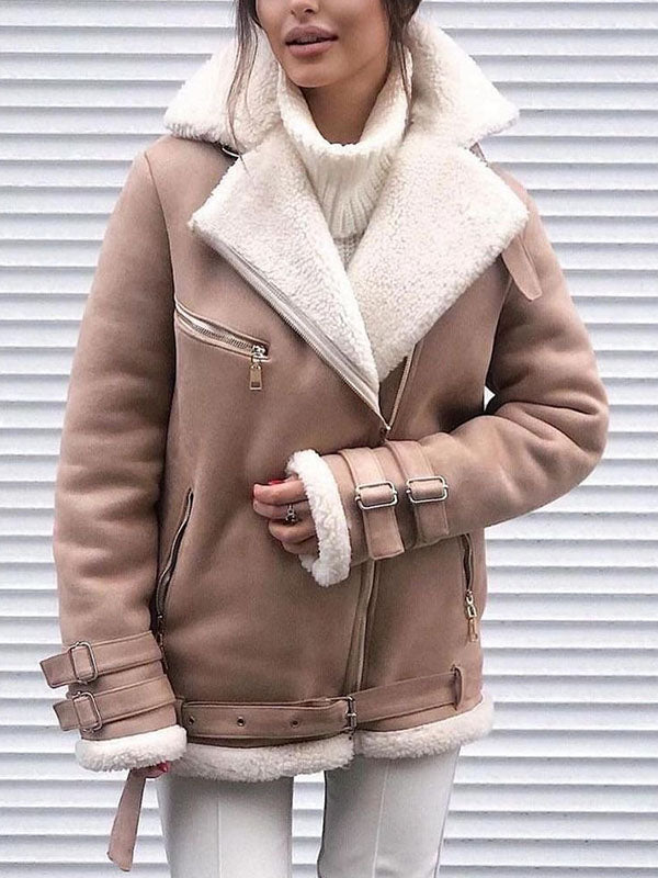 Buckle Keep Warm Pockets Split-Joint Velvet Zipper Long Sleeves Loose Notched Collar Outerwear