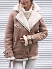 Buckle Keep Warm Pockets Split-Joint Velvet Zipper Long Sleeves Loose Notched Collar Outerwear