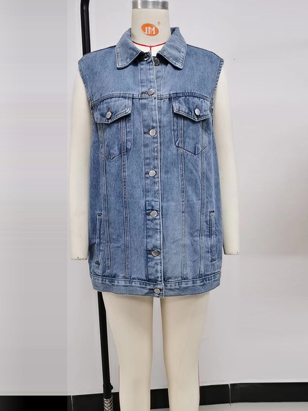 Buttoned Drawstring Pockets Split-Joint Loose Sleeveless Polo Vest Outerwear