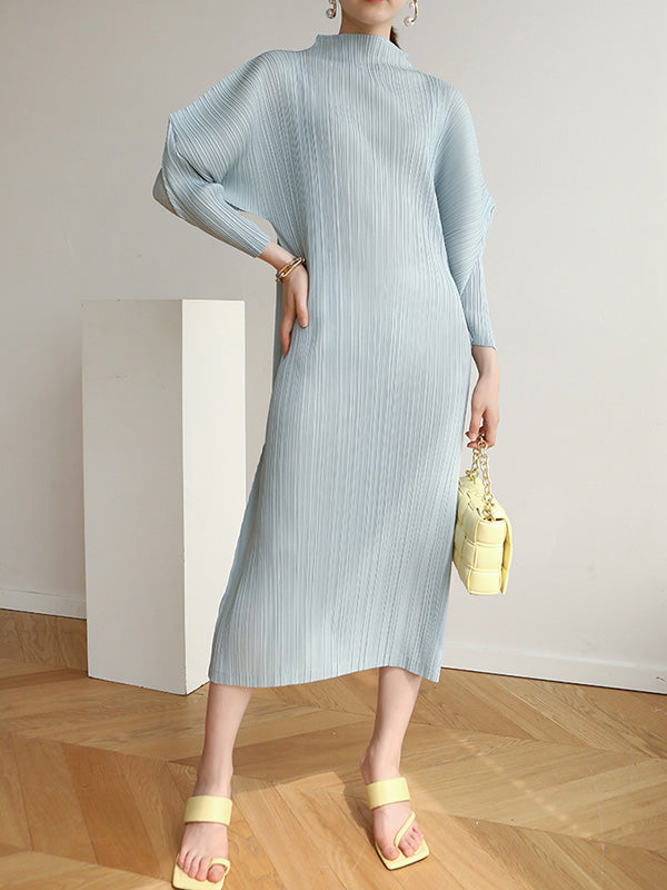 Original Creation Loose Long Sleeves Pleated Solid Color High-Neck Midi Dresses