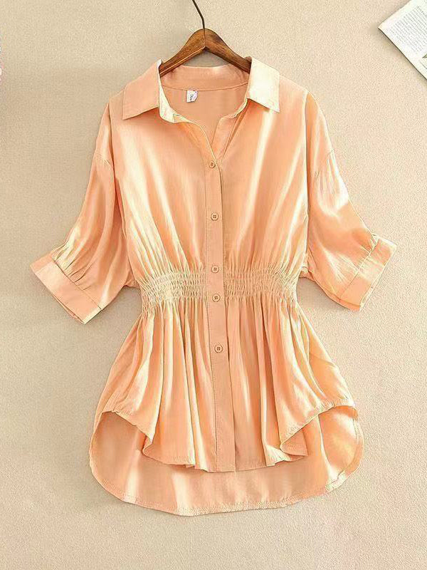 Buttoned Pleated Solid Color High-Low Loose Lapel Blouses&Shirts Tops