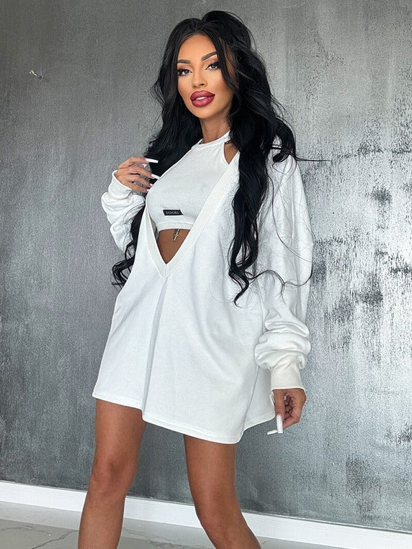 Loose Solid Color Round-neck Mini Dresses & Vest Top Two Pieces Set