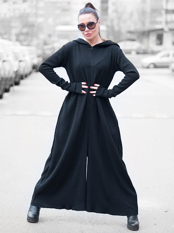 Knitting Black Zipper Hooded Wide Leg Jumpsuits