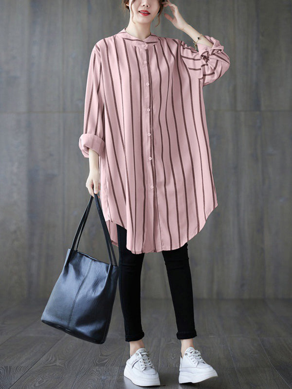 Buttoned Striped Long Sleeves Loose Blouses&Shirts Tops