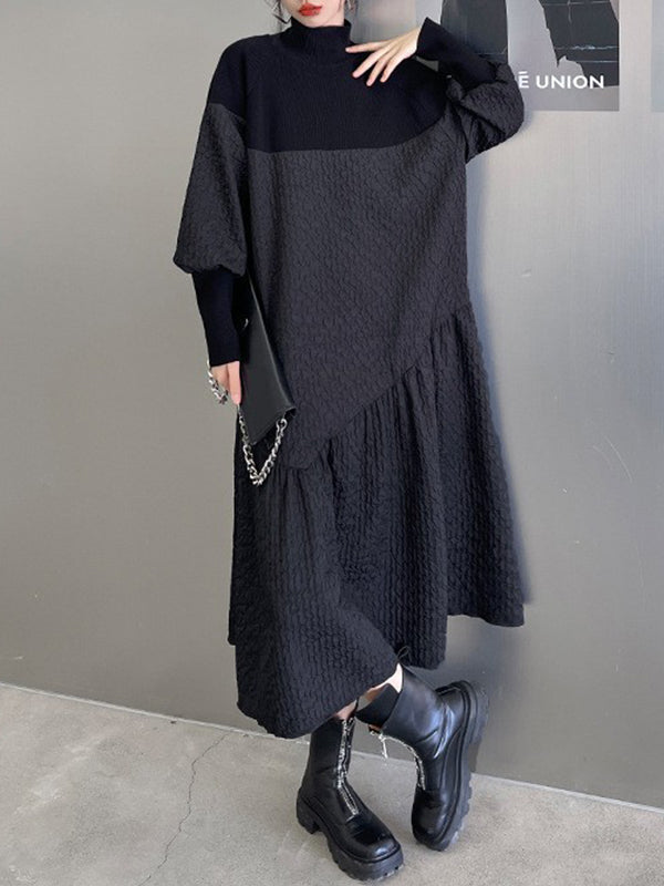 Asymmetric Solid Color Split-Joint A-Line Long Sleeves High-Neck Sweater Dresses Midi Dresses