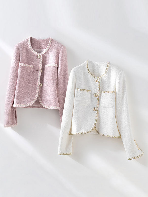 Buttoned Pockets Split-Joint Long Sleeves Loose Round-neck Outerwear