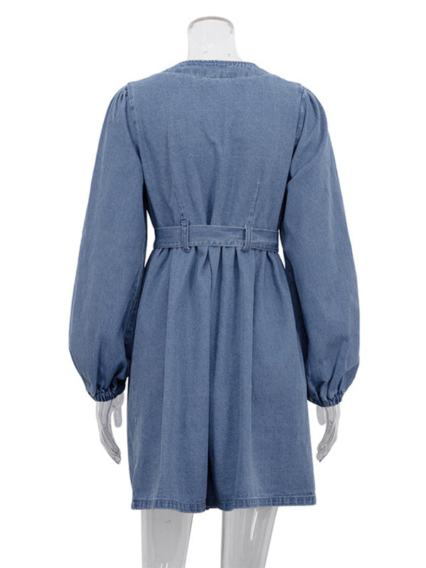 Long Sleeves Loose Split-Joint Tied Waist V-Neck Denim Mini Dresses