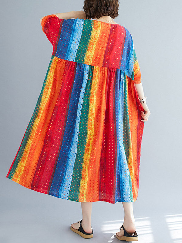 Striped Printed Loose A-Line Round-Neck Dress
