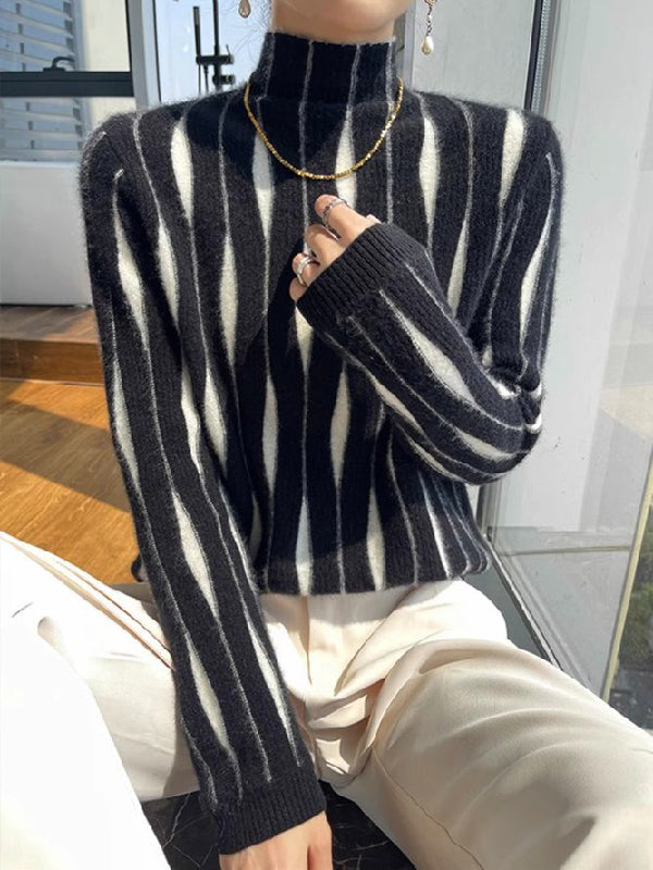 Contrast Color Long Sleeves High-Neck Sweater Tops