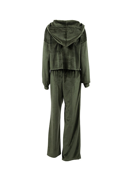 Hooded Velvet Zipper Long Sleeves Solid Color Sweatshirt Top + Drawstring Elasticity Pockets Pants Bottom Two Pieces Set