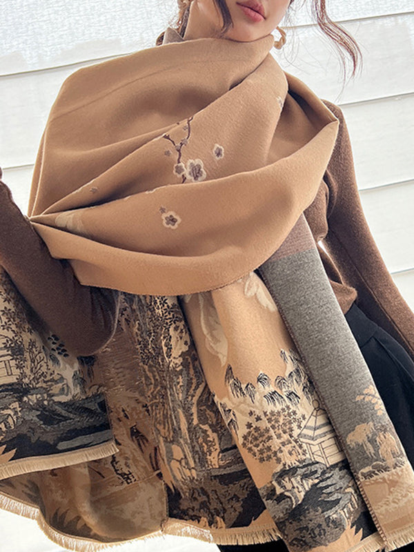 Floral Printed Tasseled Shawl&Scarf