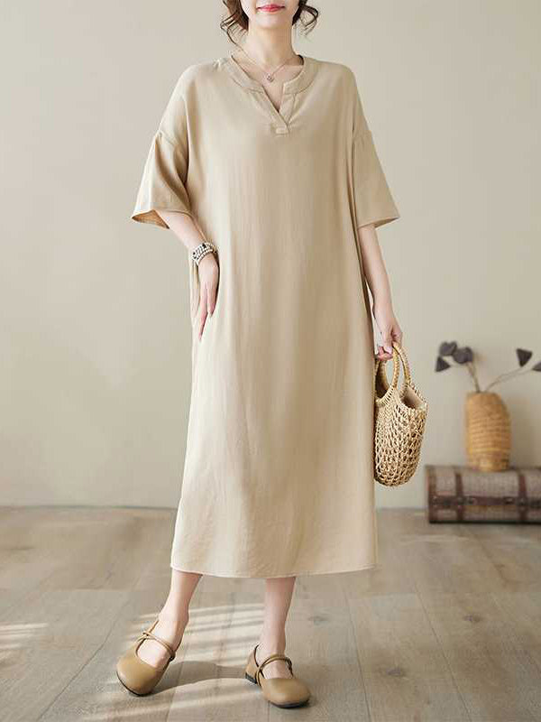 Knot Pockets Solid Color A-Line Loose V-Neck Midi Dresses