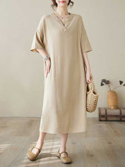 Knot Pockets Solid Color A-Line Loose V-Neck Midi Dresses