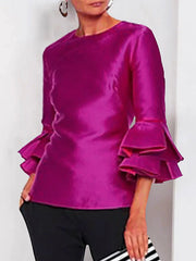 Pleated Solid Color Split-Joint Flared Sleeves Long Sleeves Round-Neck T-Shirts Tops