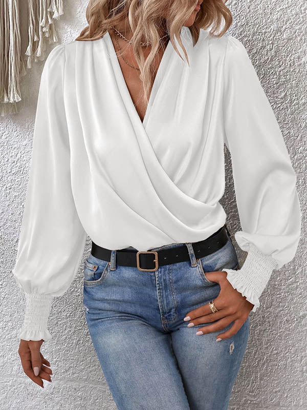 Elasticity Solid Color Long Sleeves Loose V-Neck Blouses&Shirts Tops