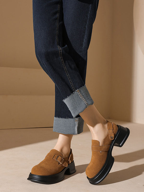 Belt Buckle Round-Toe Shallow Cut Split-Joint Platform Shoes Mary Janes