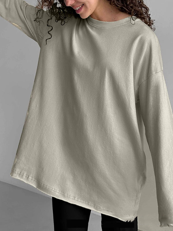 Solid Color Long Sleeves Loose Round-Neck T-Shirts Tops