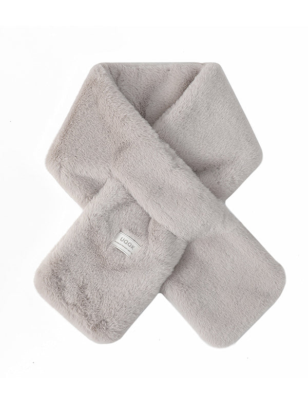 Casual Faux Fur Keep Warm Solid Color Cross Plush Shawl&Scarf