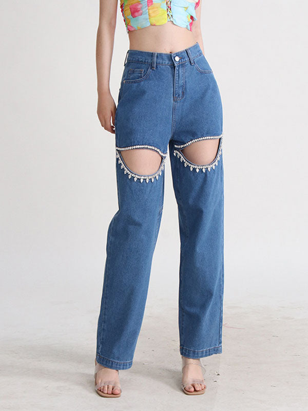 Hollow Rhine Stones High Waisted Loose Jean Pants Bottoms