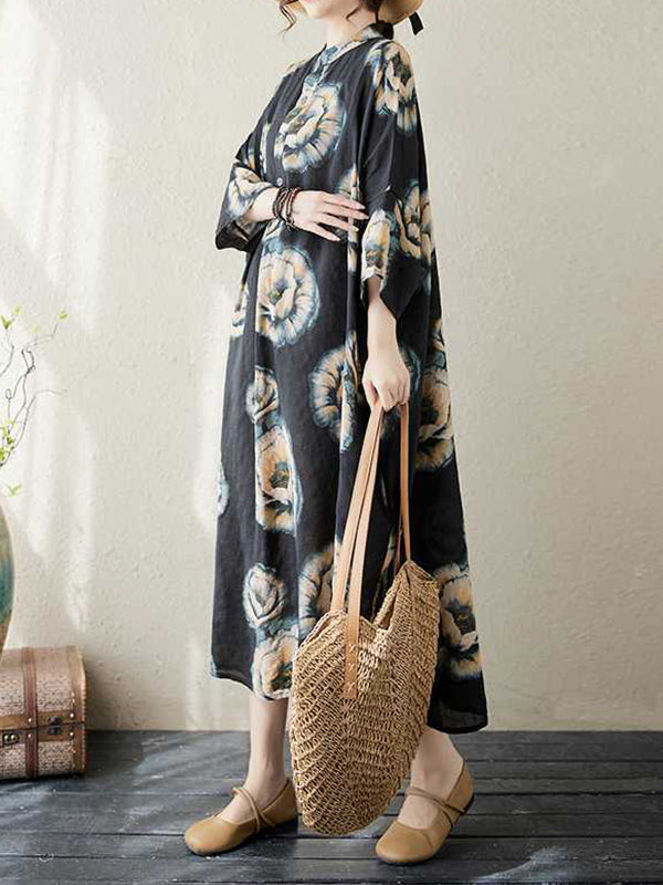 Buttoned Flower Print Loose Three-quarter Sleeves Stand Collar Midi Dresses