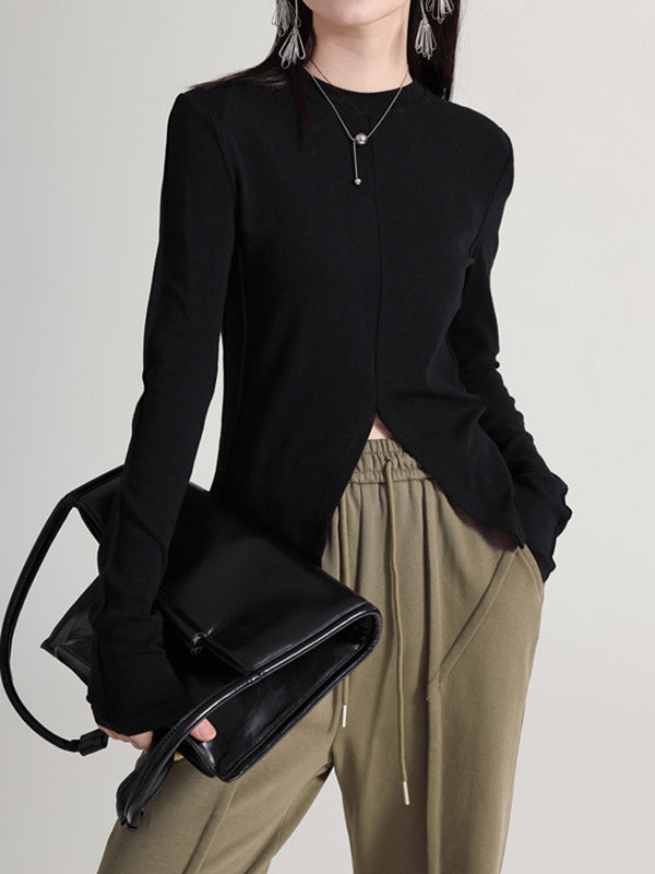 Solid Color Split-front Long Sleeves Skinny Round-neck T-Shirts Tops