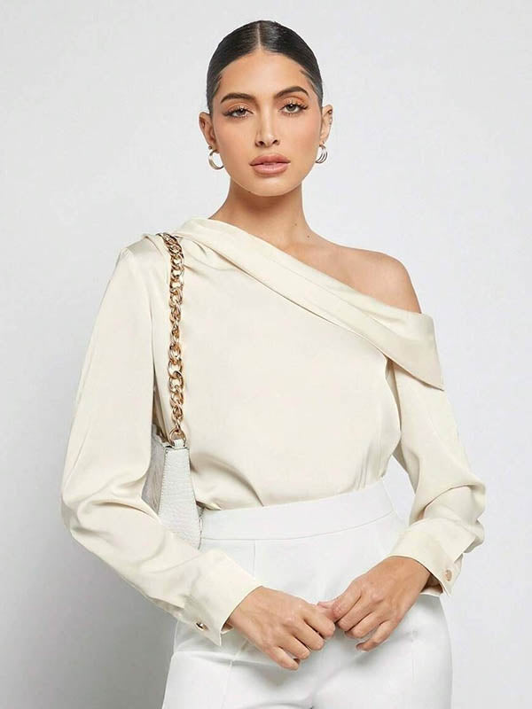 Pleated Solid Color Split-Joint Long Sleeves Skinny One-Shoulder Blouses&Shirts Tops