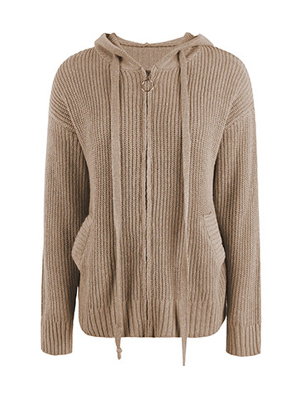 Casual Long Sleeves Hooded Solid Color Cardigan Tops