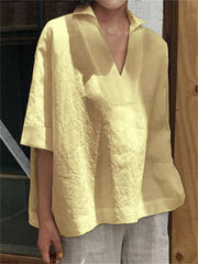 Solid Color Loose Three-Quarter Sleeves Lapel T-Shirts Tops