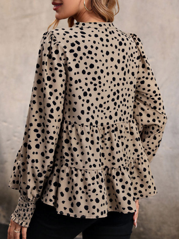 Elasticity Polka-Dot Split-Joint Long Sleeves Loose V-Neck Blouses&Shirts Tops