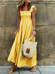 Elasticity Plaid Pleated Split-Joint Loose Sleeveless Square-Neck Maxi Dresses