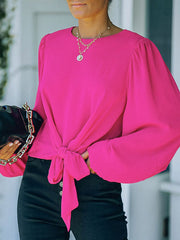 Elasticity Hollow Solid Color Tied Long Sleeves Loose Round-Neck T-Shirts Tops