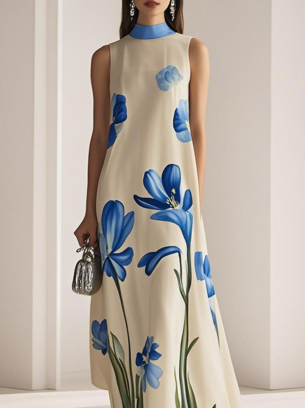 Flower Print Loose Sleeveless Mock Neck Maxi Dresses